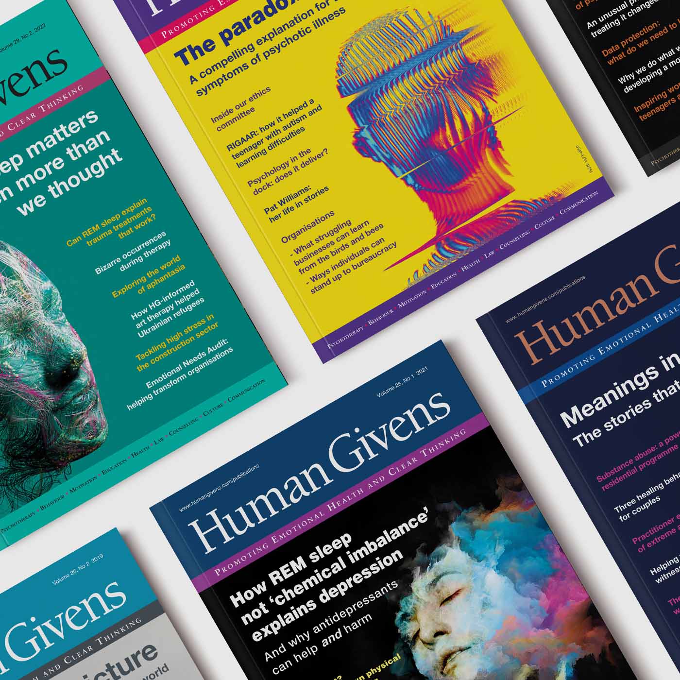 Six Human Givens Journal covers laid out together, each with its own illustration and colour