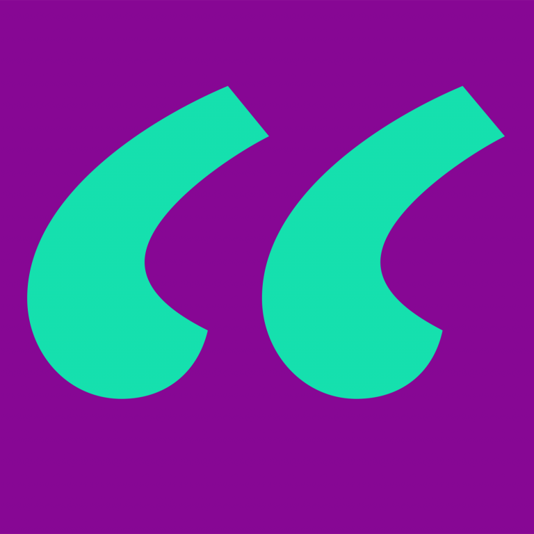 Oversized mint quotation marks on a purple background