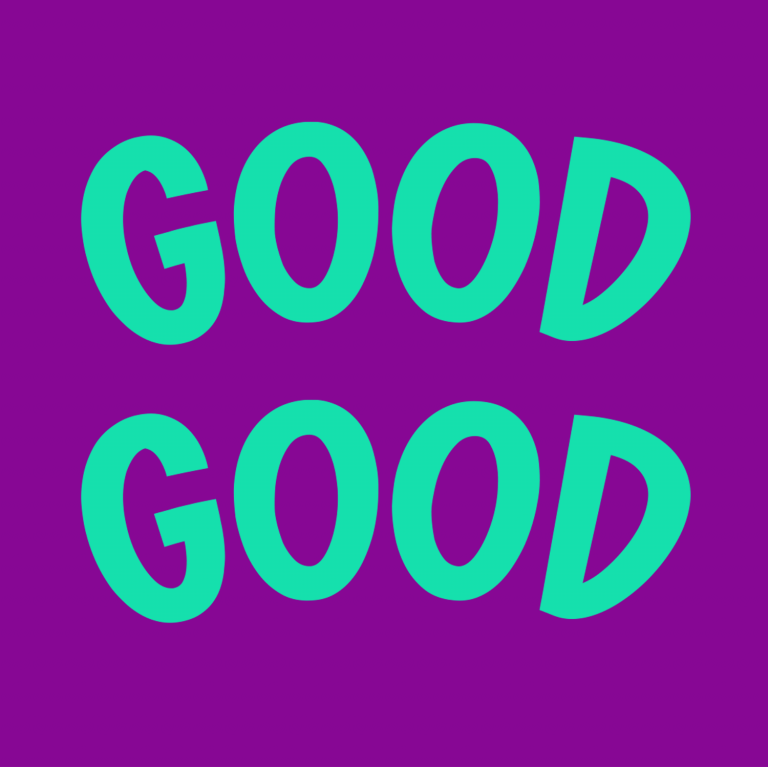 Repeated “Good” typography in mint green on a purple background.