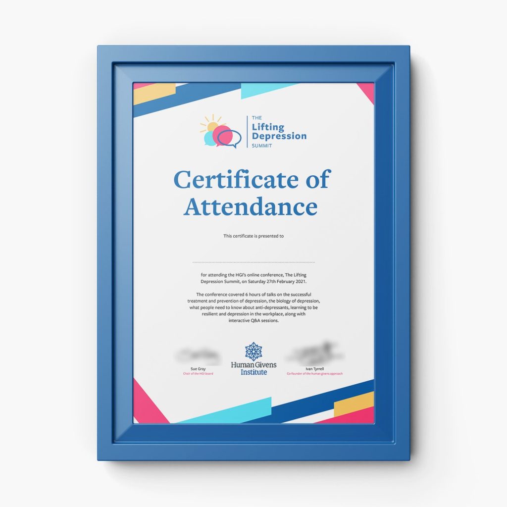 Framed CPD certificate of attendance for the Lifting Depression Summit, in the summit’s sun and speech-bubble identity, with signatures blurred
