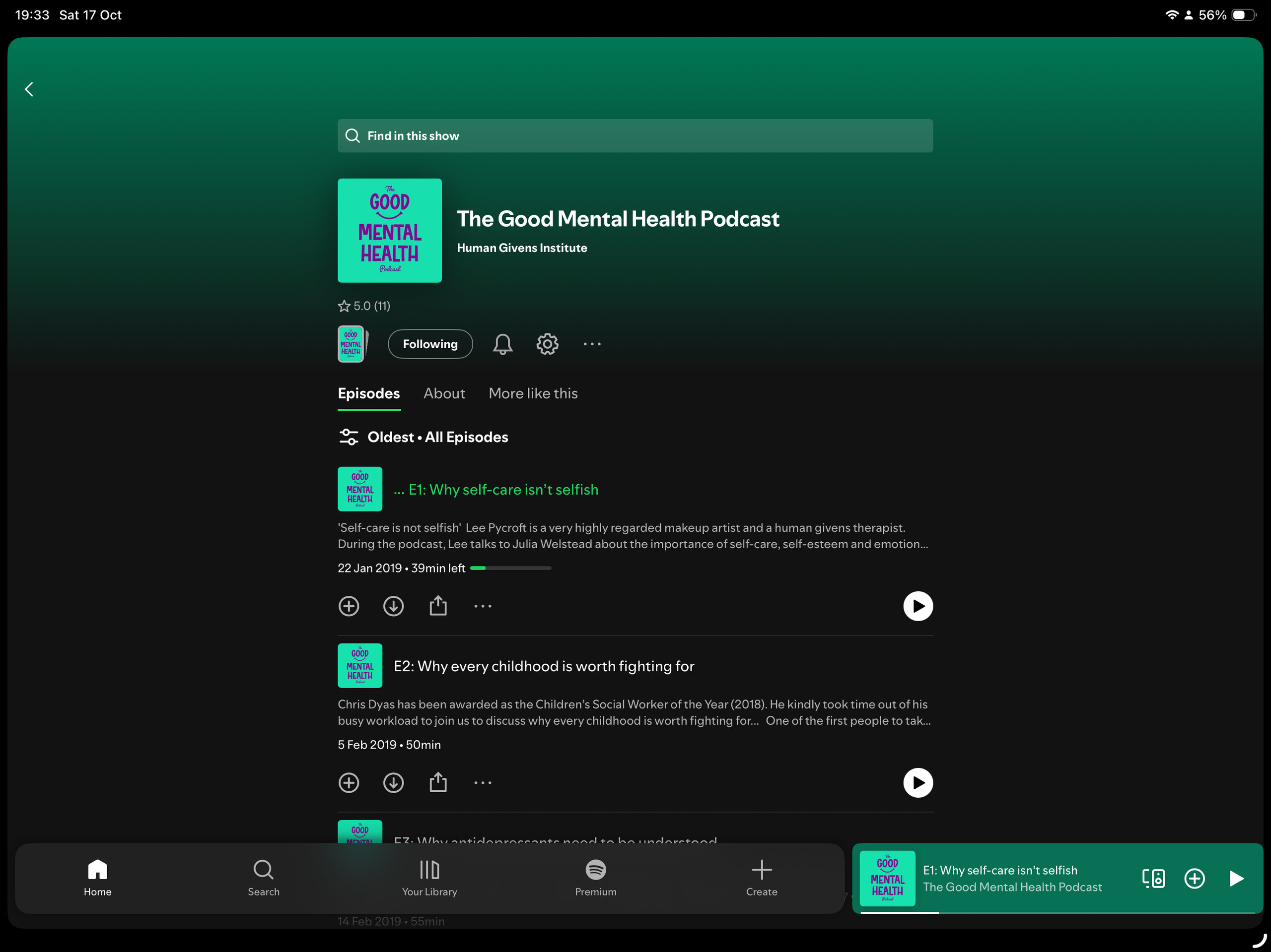 The Good Mental Health Podcast show page in the Spotify iPad app, with the cover art, episode list and player